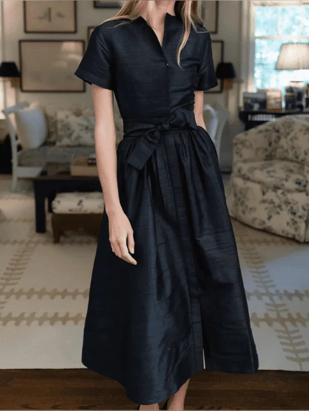 Julia Amory Kate Black Dupioni Silk Midi Dress NWT Small